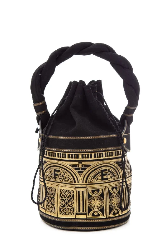 Fendi Black & Gold Baroque Suede Palazzo Bucket Bag