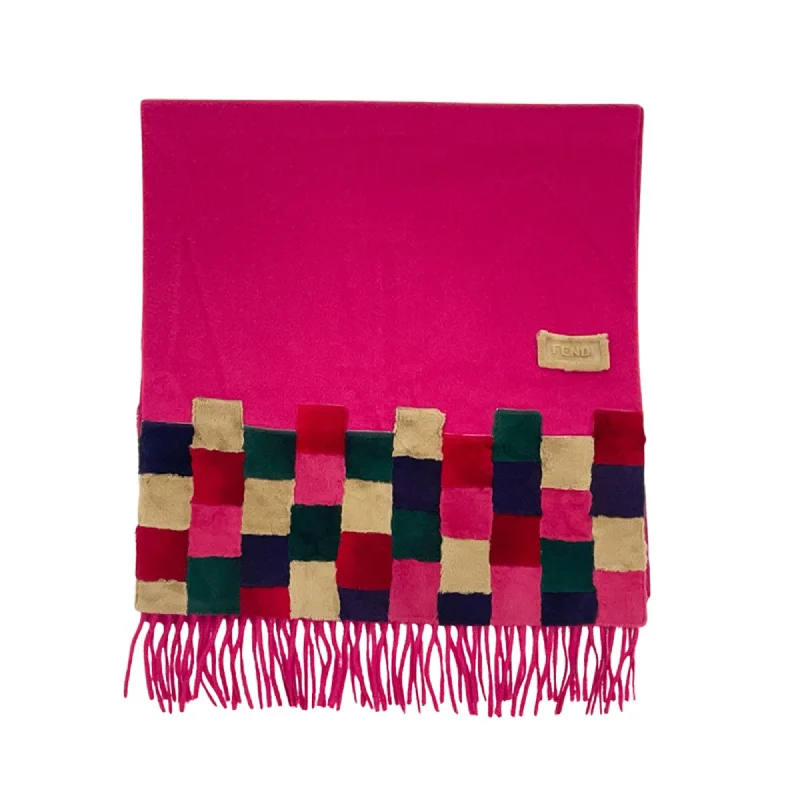 FENDI Stole 196cm x 49cm Block Check Real Fur Scarf Old Men Women Pink 20495748