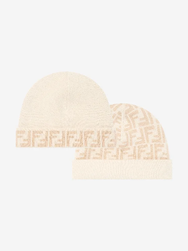 Fendi Kids FF Reversible Beanie Hat in Beige