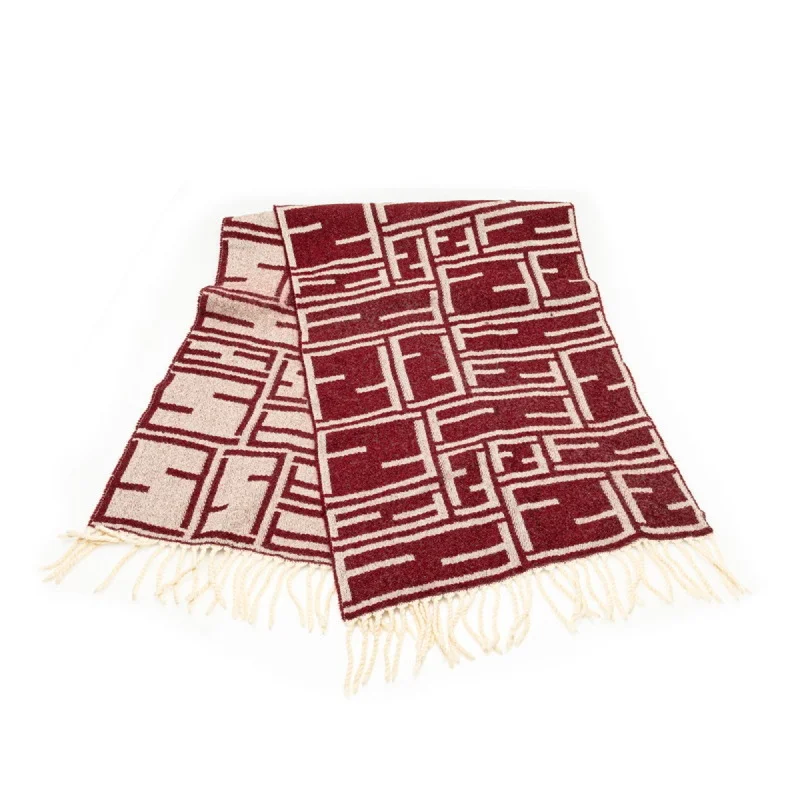 FENDI ZUCCA SCARF WINE RED WHITE WOOL WOMEN'S