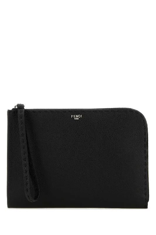 FENDI Stylish Black Leather Pouch Handbag - 23 cm x 16 cm x 2.5 cm