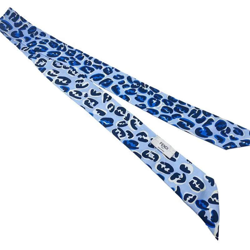 FENDI Twilly Rappy Reversible Silk Scarf Blue Leopard Print Logo Women's