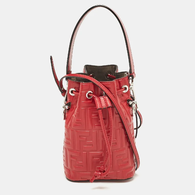 Fendi Red Zucca Leather Mini Mon Tresor Drawstring Bucket Bag