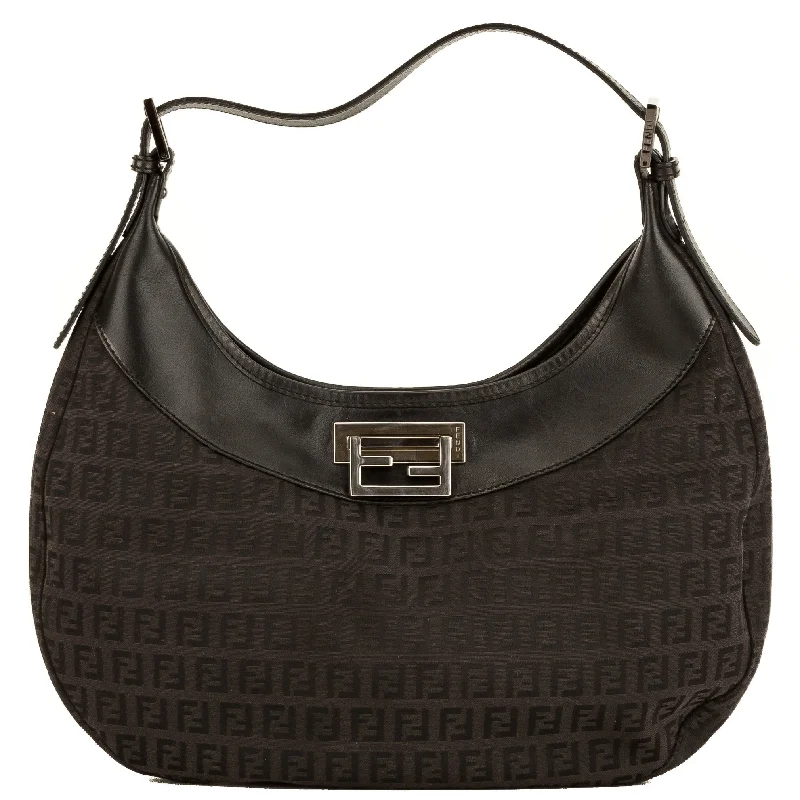 Fendi Black Leather Zucca Canvas Hobo Bag