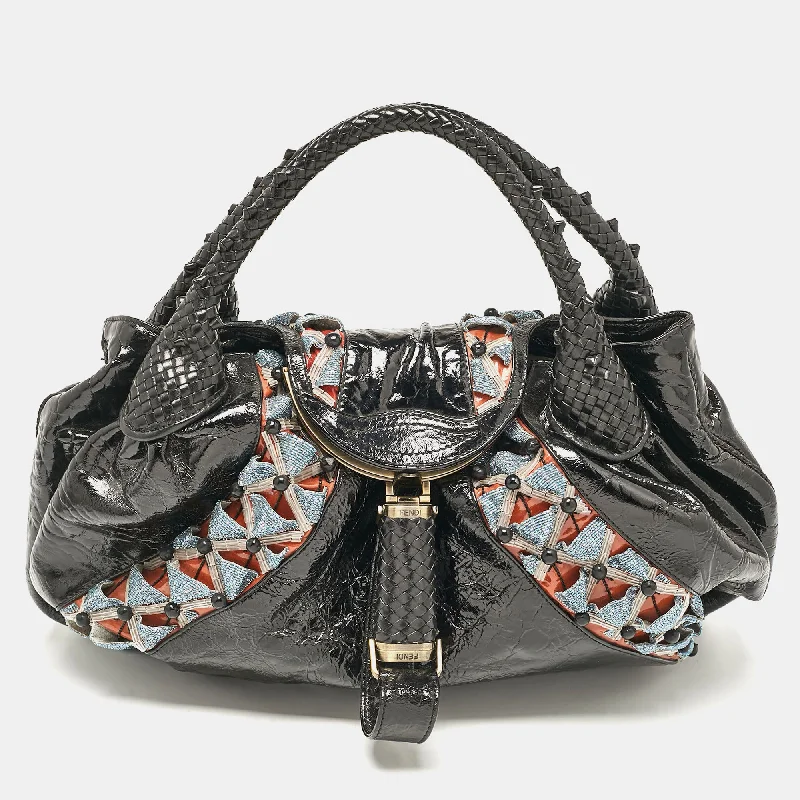 Fendi Black Patent Leather Beads Embellished Spy Hobo