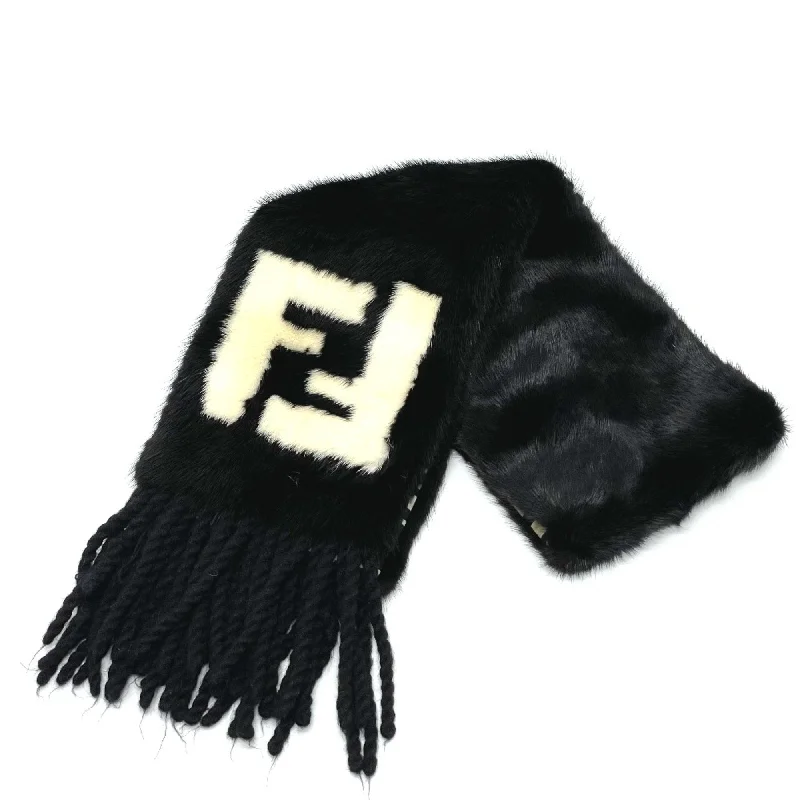 Fendi FNG470 FF Zucca Fur fringe Scarf Black